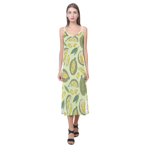 Durian leaves pattern background V-Neck Open Fork Long Dress