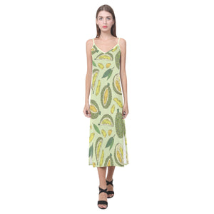 Durian leaves pattern background V-Neck Open Fork Long Dress