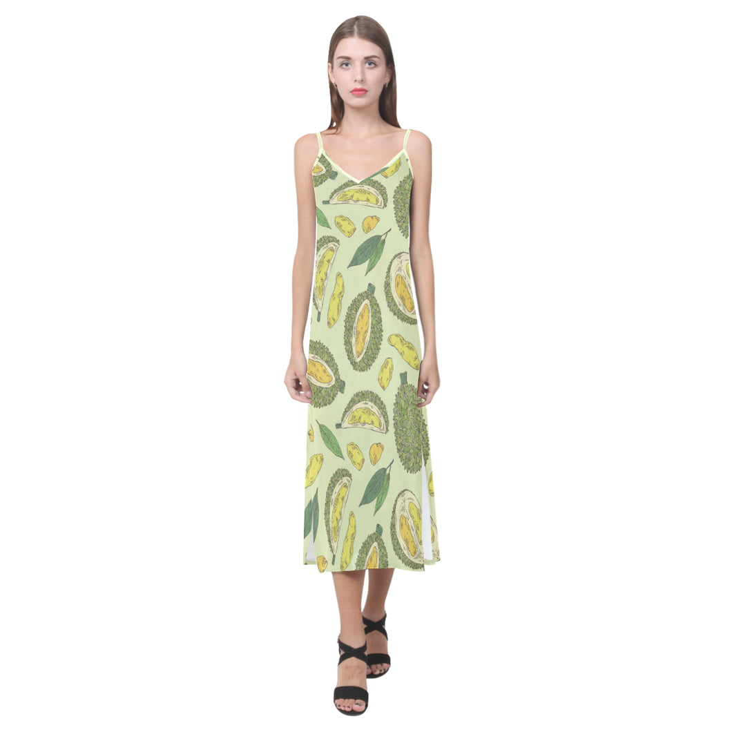 Durian leaves pattern background V-Neck Open Fork Long Dress