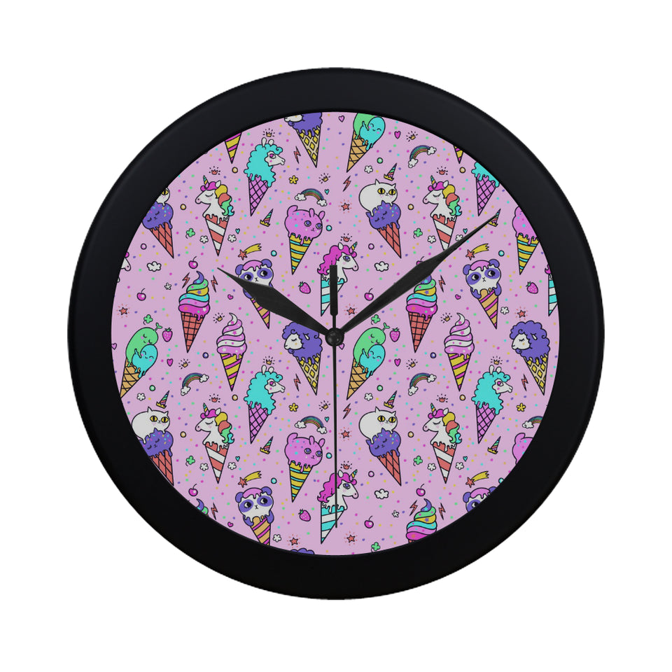 Cute ice cream cone animal pattern Elegant Black Wall Clock