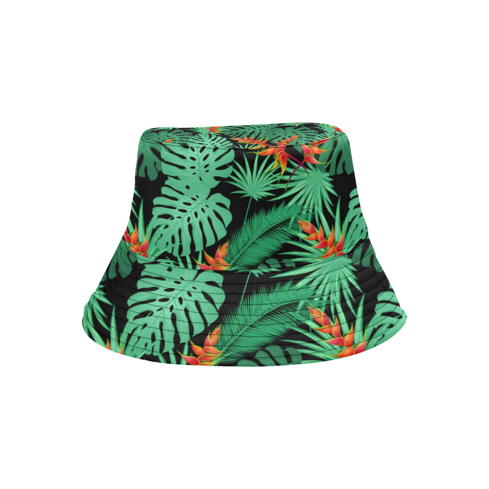 heliconia flower palm monstera leaves black backgr Unisex Bucket Hat