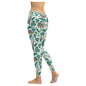 Cute sloths tropical palm leaves white background Women's Legging Fulfilled In US