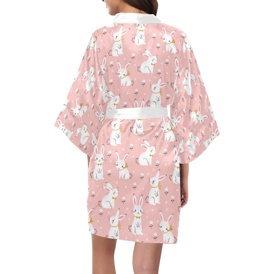 Cute white rabbit flower pink background Women's Short Kimono Robe