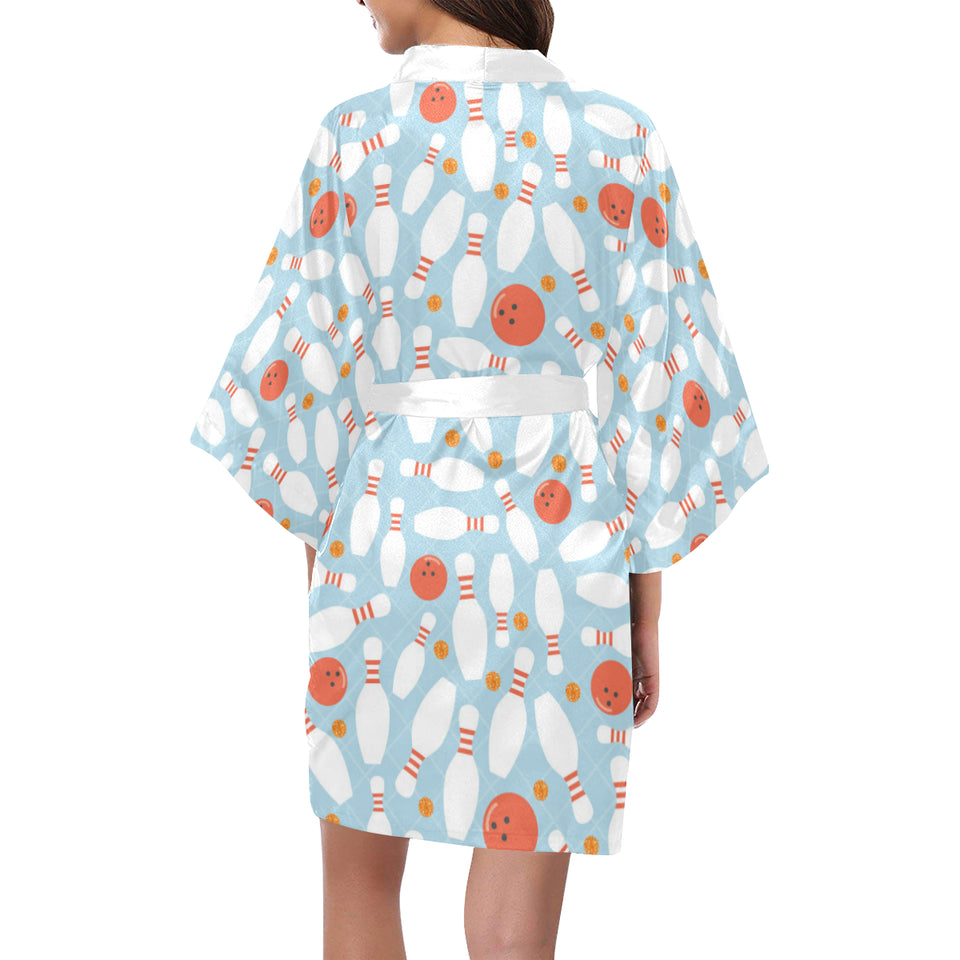 Bowling ball bowling pins blue blackground Women's Short Kimono Robe