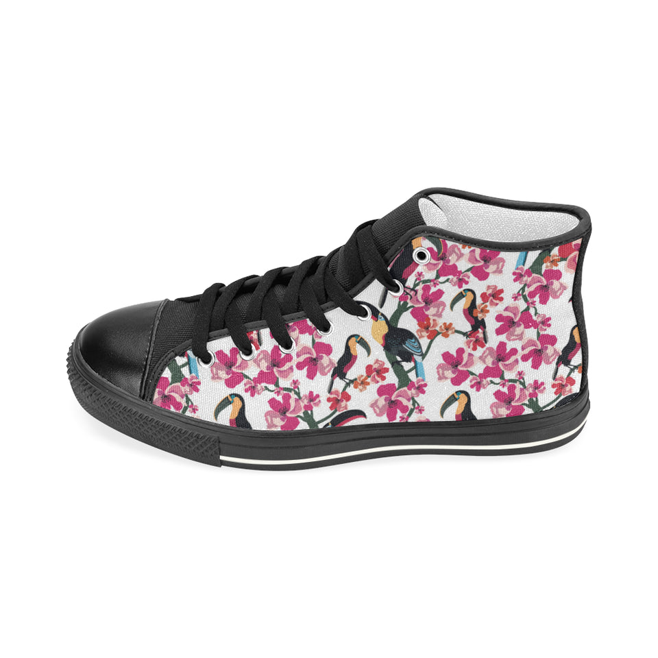 Toucan flower design pattern Women's High Top Canvas Shoes Black