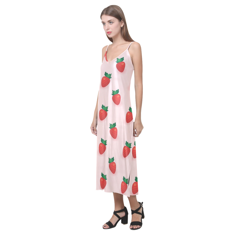 Strawberry beautiful pattern V-Neck Open Fork Long Dress
