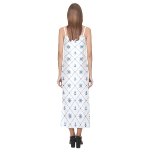 Anchor rudder nautical design pattern V-Neck Open Fork Long Dress