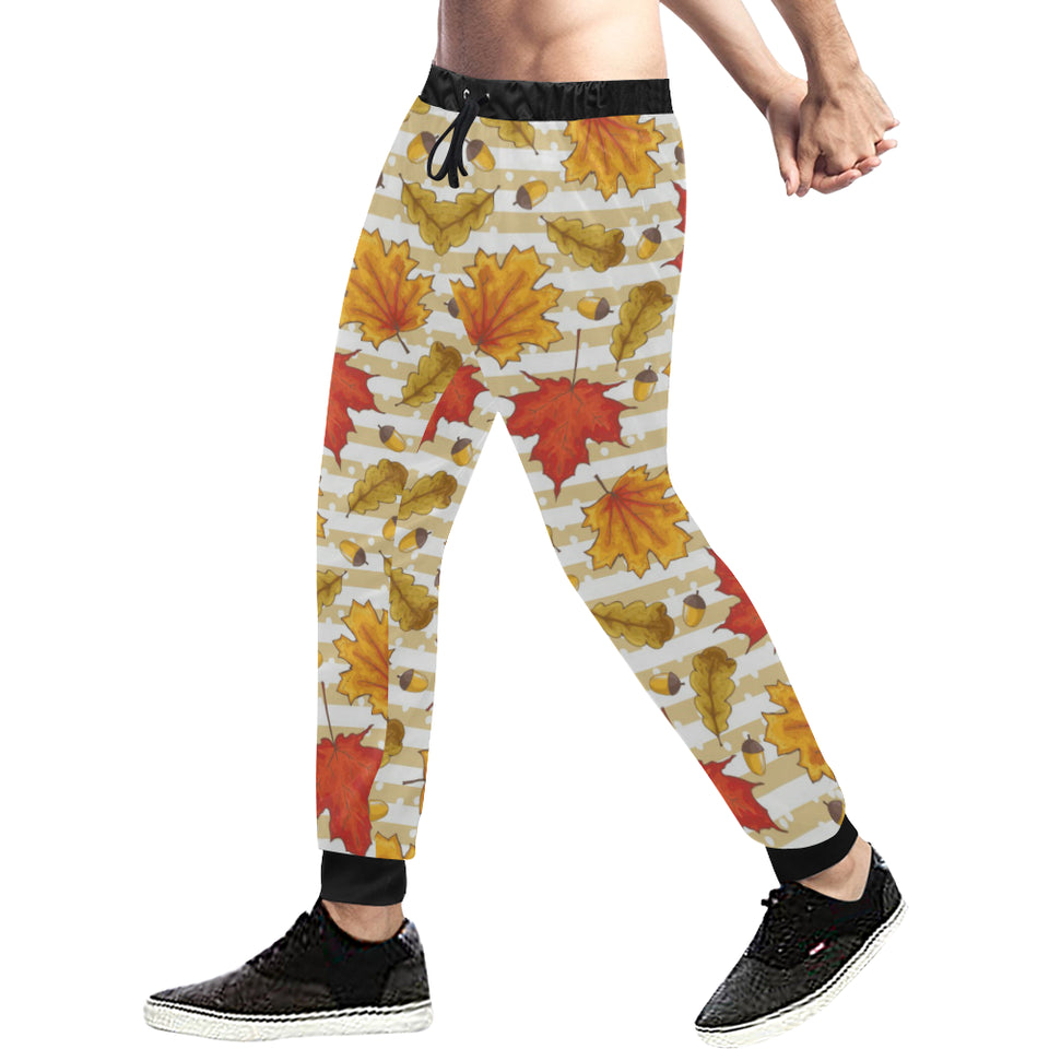 Maple leaf oak leaf acorns beige striped backgroun Unisex Casual Sweatpants