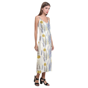 Lavender modern pattern blackground V-Neck Open Fork Long Dress