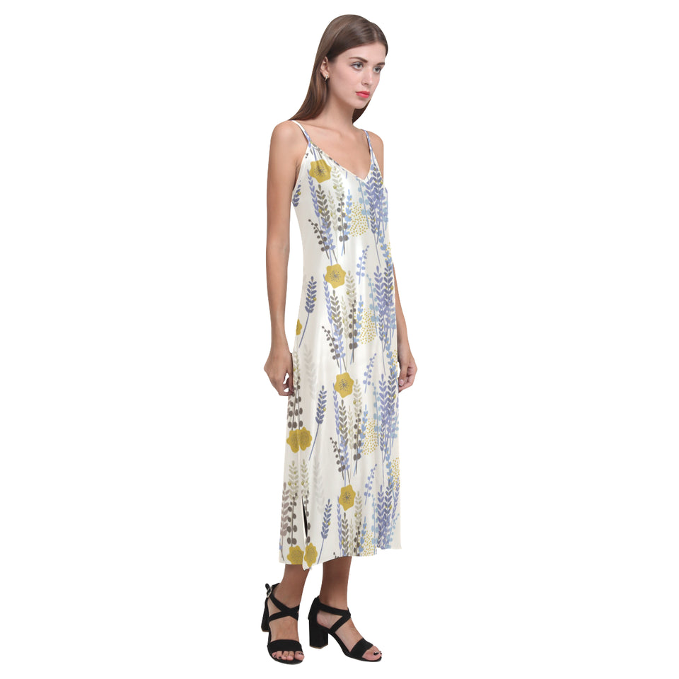 Lavender modern pattern blackground V-Neck Open Fork Long Dress