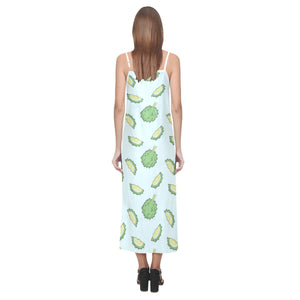 Durian pattern blue background V-Neck Open Fork Long Dress