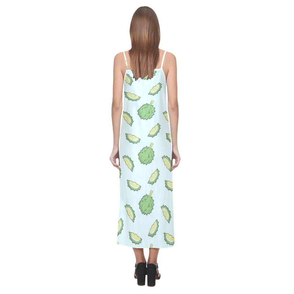 Durian pattern blue background V-Neck Open Fork Long Dress