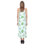 Durian pattern blue background V-Neck Open Fork Long Dress