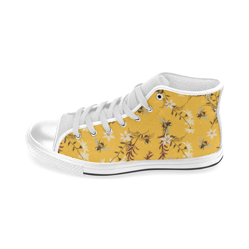 Bee flower pattern Men's High Top Canvas Shoes White