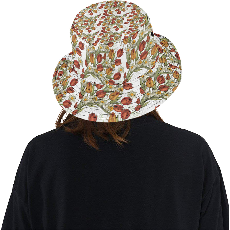 Red tulips and daffodils pattern Unisex Bucket Hat