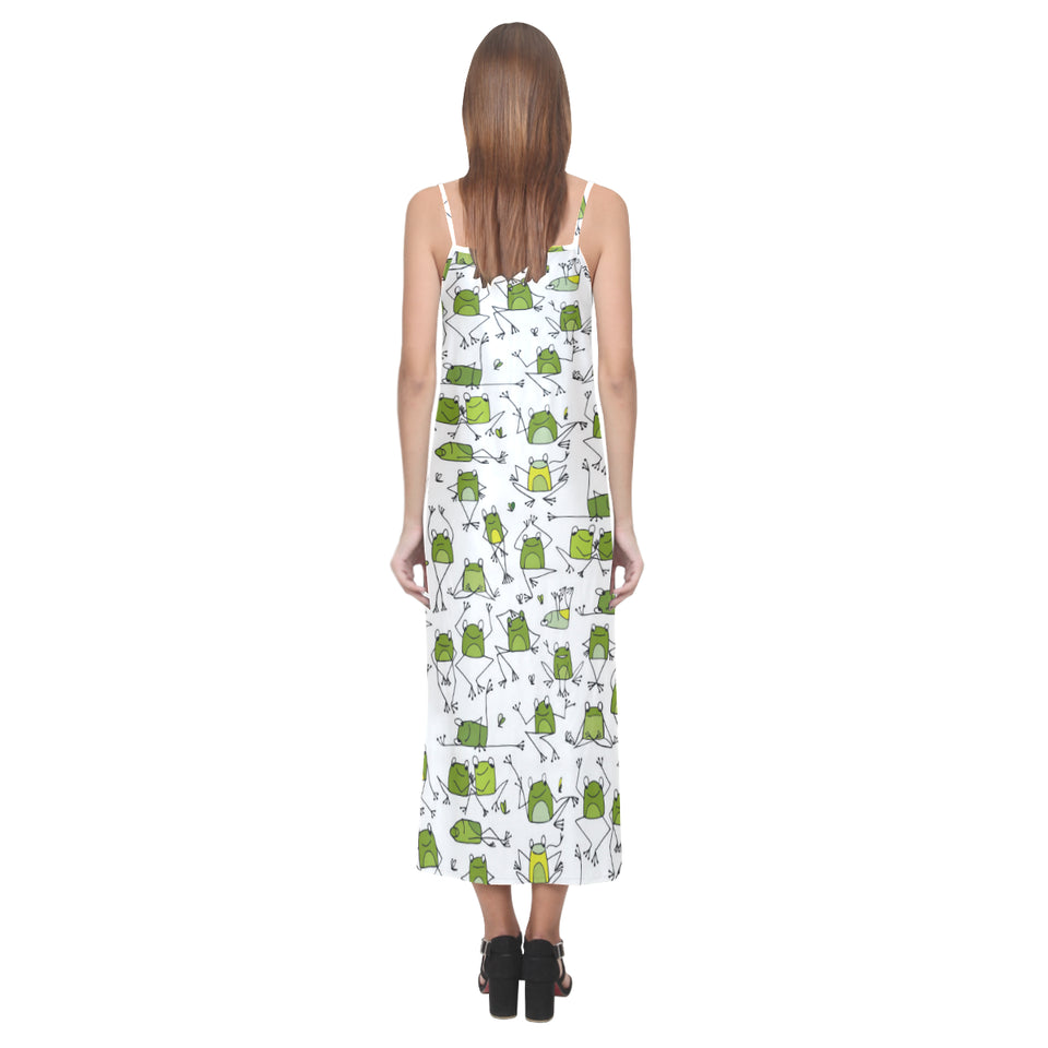 Sketch funny frog pattern V-Neck Open Fork Long Dress