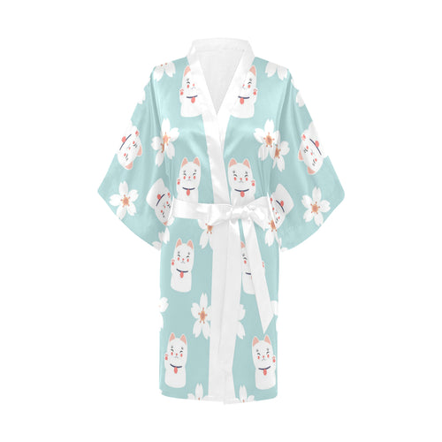 Maneki neko cat sakura Women's Short Kimono Robe