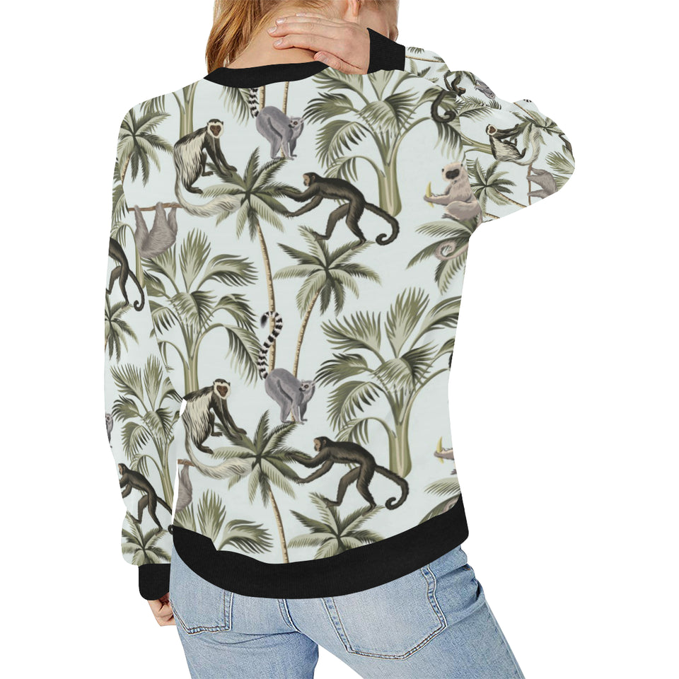 Monkey sloth lemur palm trees pattern Women's Crew Neck Sweatshirt