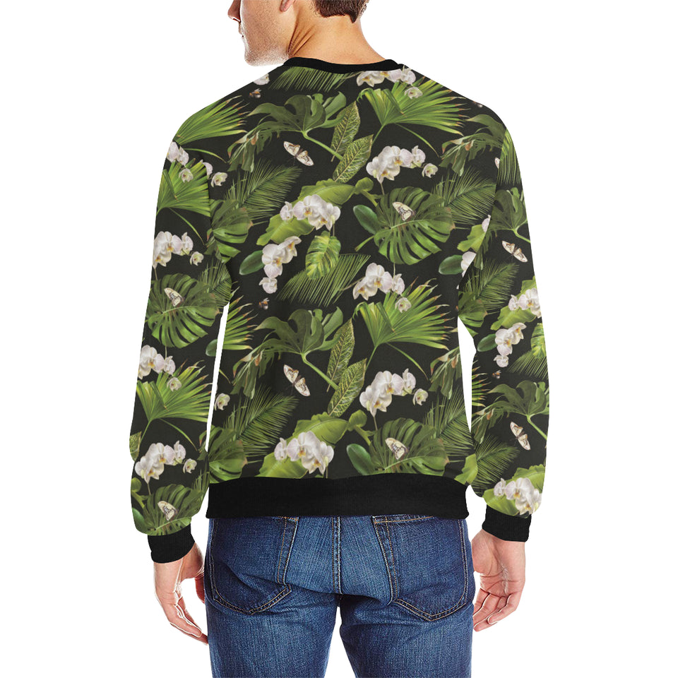 White orchid flower tropical leaves pattern blackg Men's Crew Neck Sweatshirt