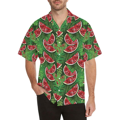 Watermelons tropical palm leaves pattern backgroun Men's All Over Print Hawaiian Shirt
