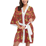 Saxophone cornet pattern red background Women's Short Kimono Robe