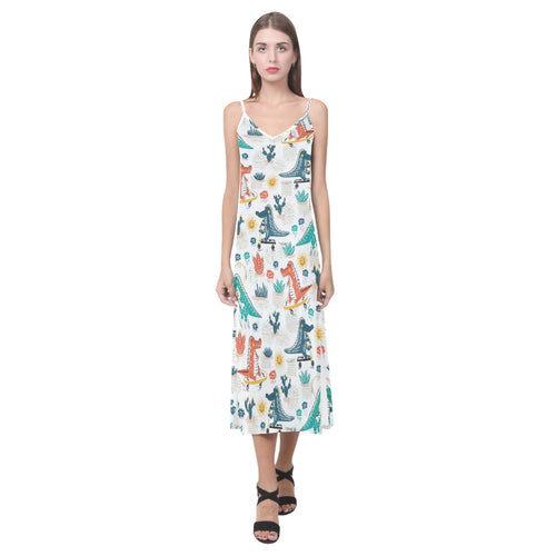 Cute Crocodile Pattern V-Neck Open Fork Long Dress