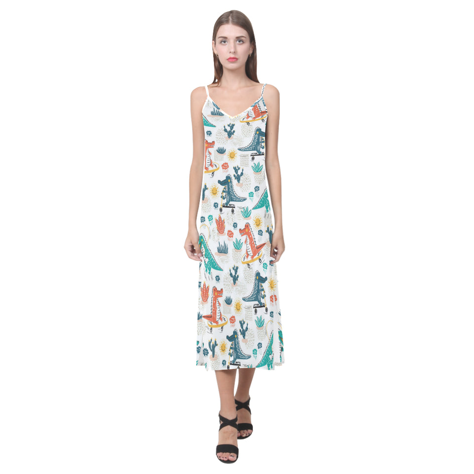 Cute Crocodile Pattern V-Neck Open Fork Long Dress