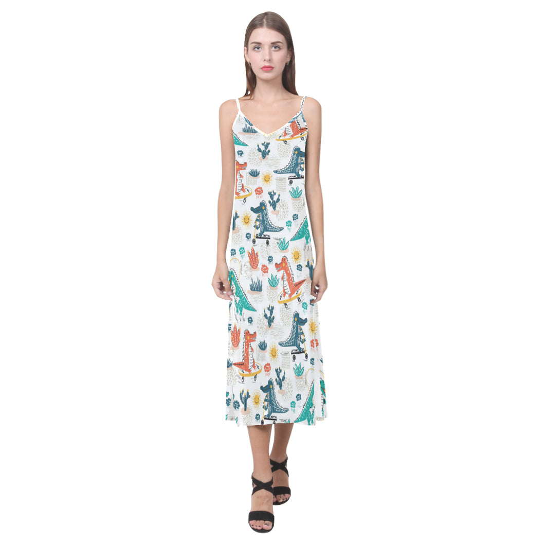 Cute Crocodile Pattern V-Neck Open Fork Long Dress