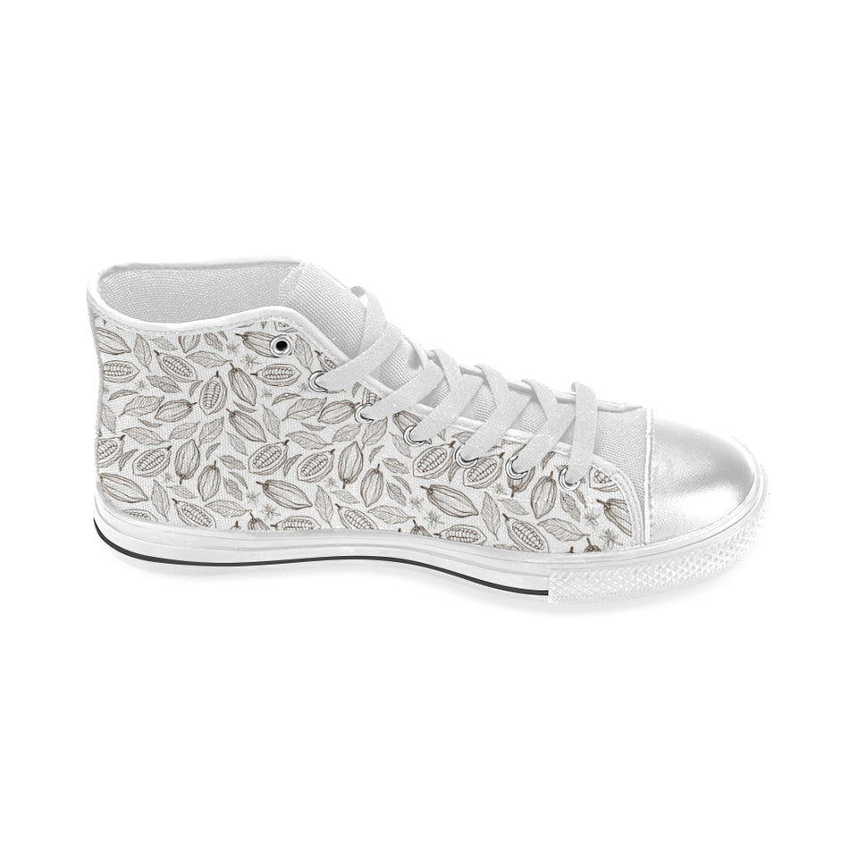 cacao beans leaves pattern Women's High Top Canvas Shoes White