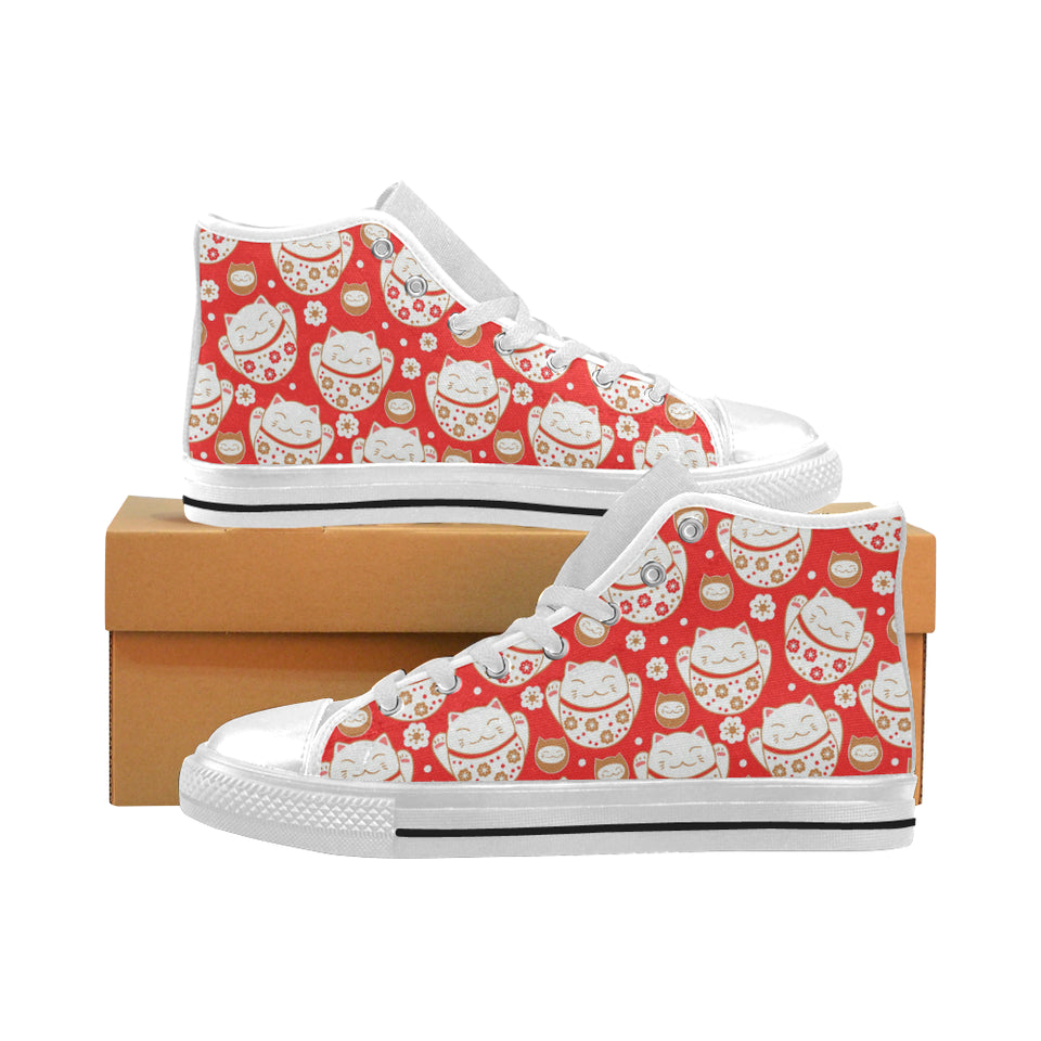 Cute Maneki neko cat red background Men's High Top Canvas Shoes White