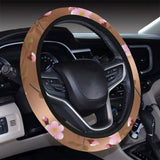 Pink sakura cherry blossom drak brown background Car Steering Wheel Cover