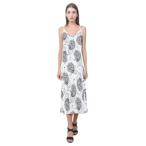 Hand drawn french fries pattern V-Neck Open Fork Long Dress