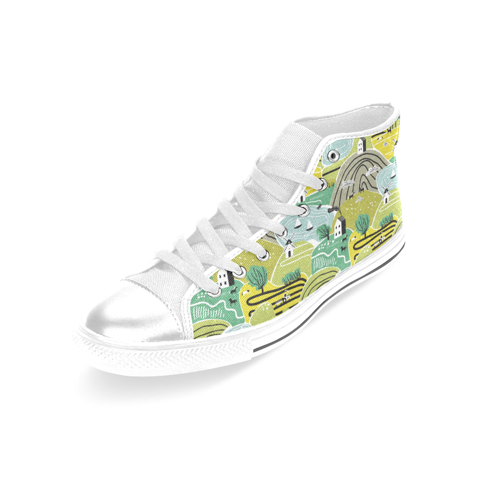 Hand drawn windmill pattern Women's High Top Canvas Shoes White