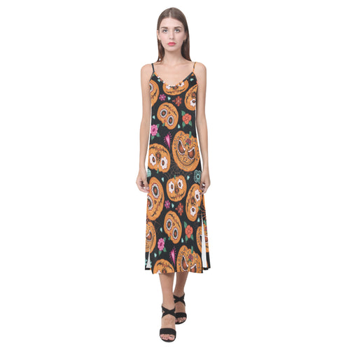 Pumpkin flowers spiderweb Halloween theme V-Neck Open Fork Long Dress