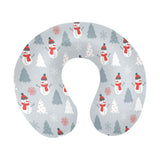 Snowman christmas  tree snow gray background U-Shaped Travel Neck Pillow