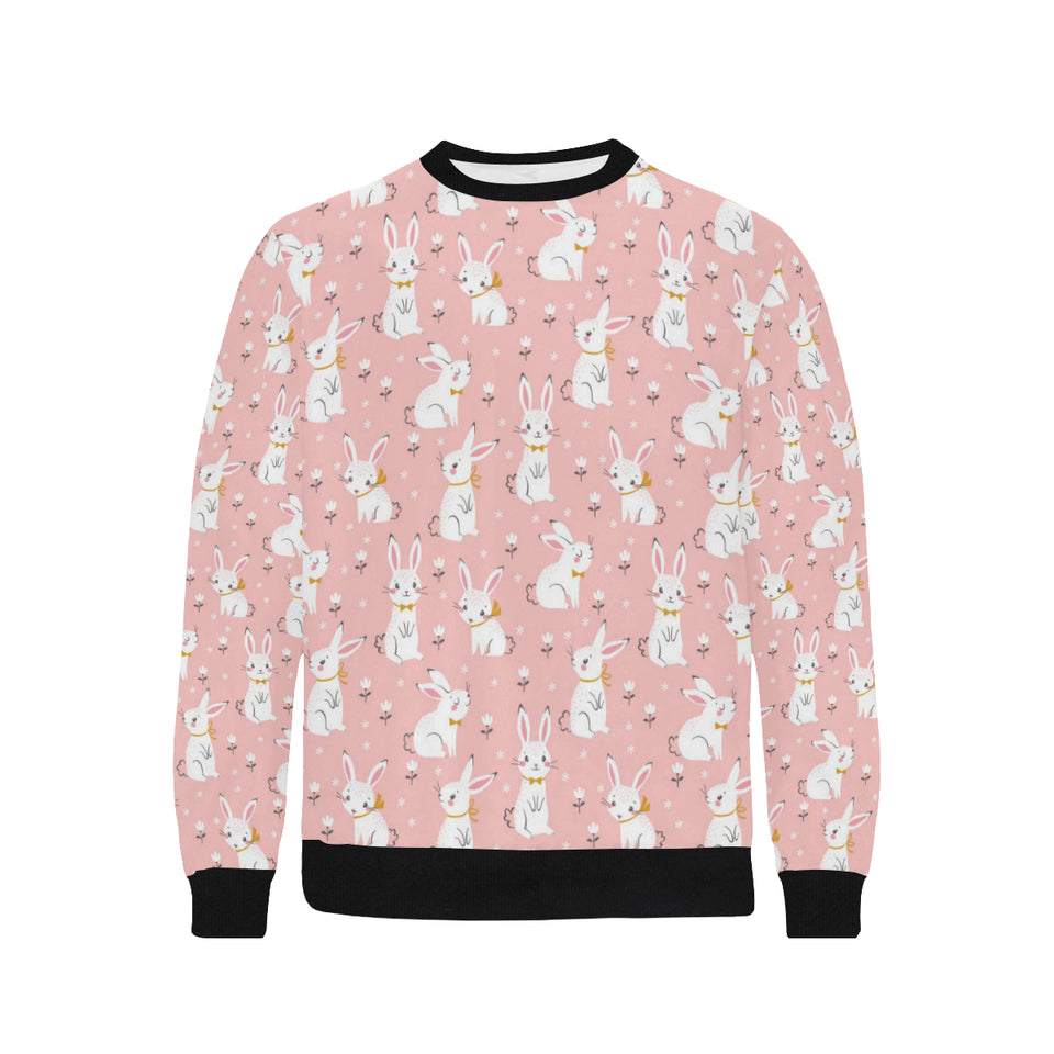 Cute white rabbit flower pink background Men's Crew Neck Sweatshirt