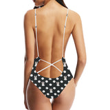 Cute white rabbit polka dots black background Women's One-Piece Swimsuit