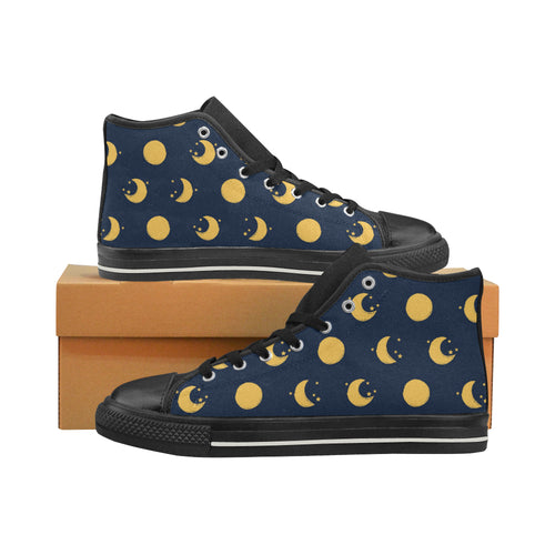 Moon star pattern Women's High Top Canvas Shoes Black