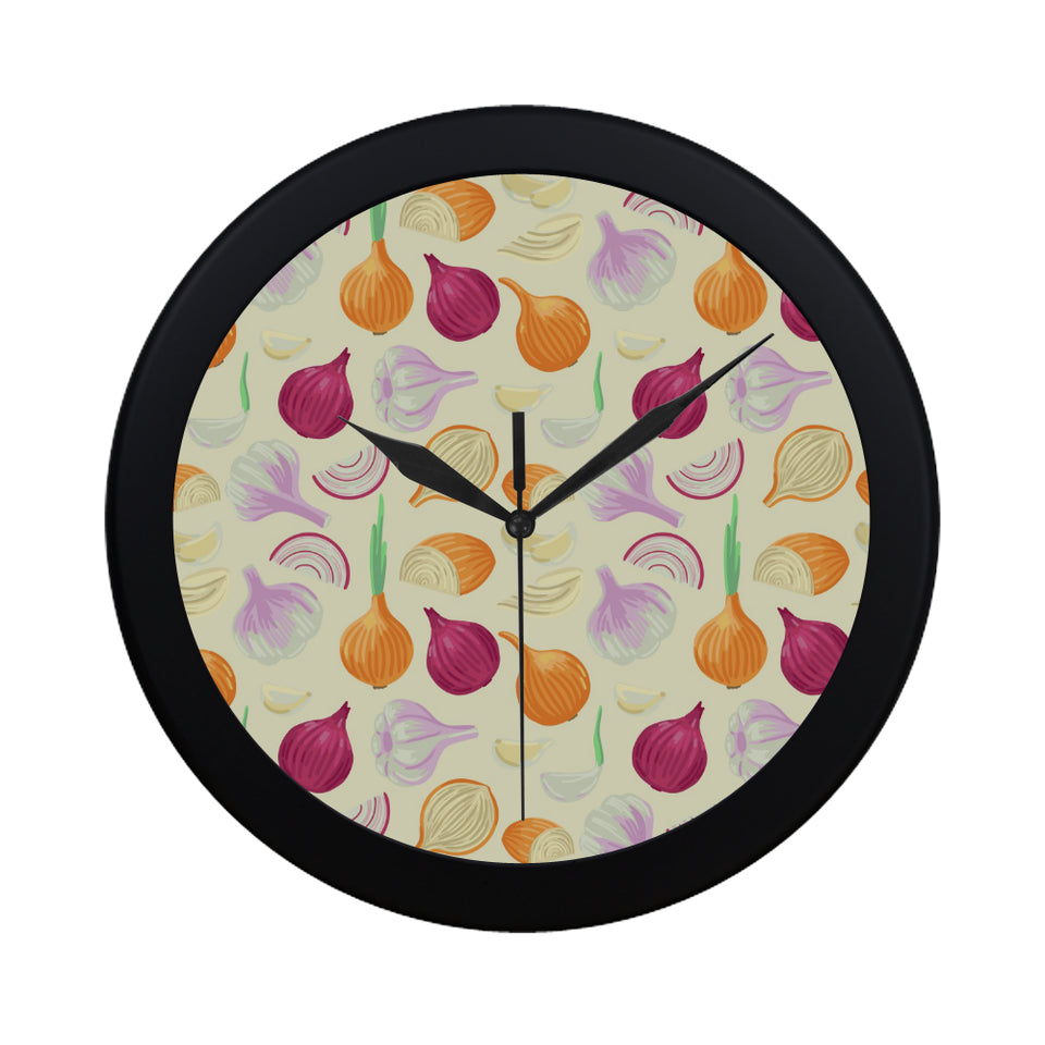 Onion garlic white red pattern Elegant Black Wall Clock