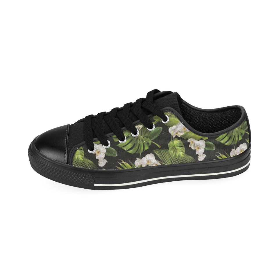 White orchid flower tropical leaves pattern blackg Men's Low Top Canvas Shoes Black
