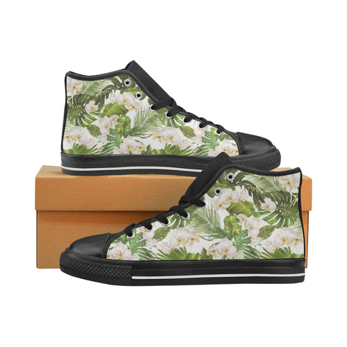 White orchid flower tropical leaves pattern Women's High Top Canvas Shoes Black