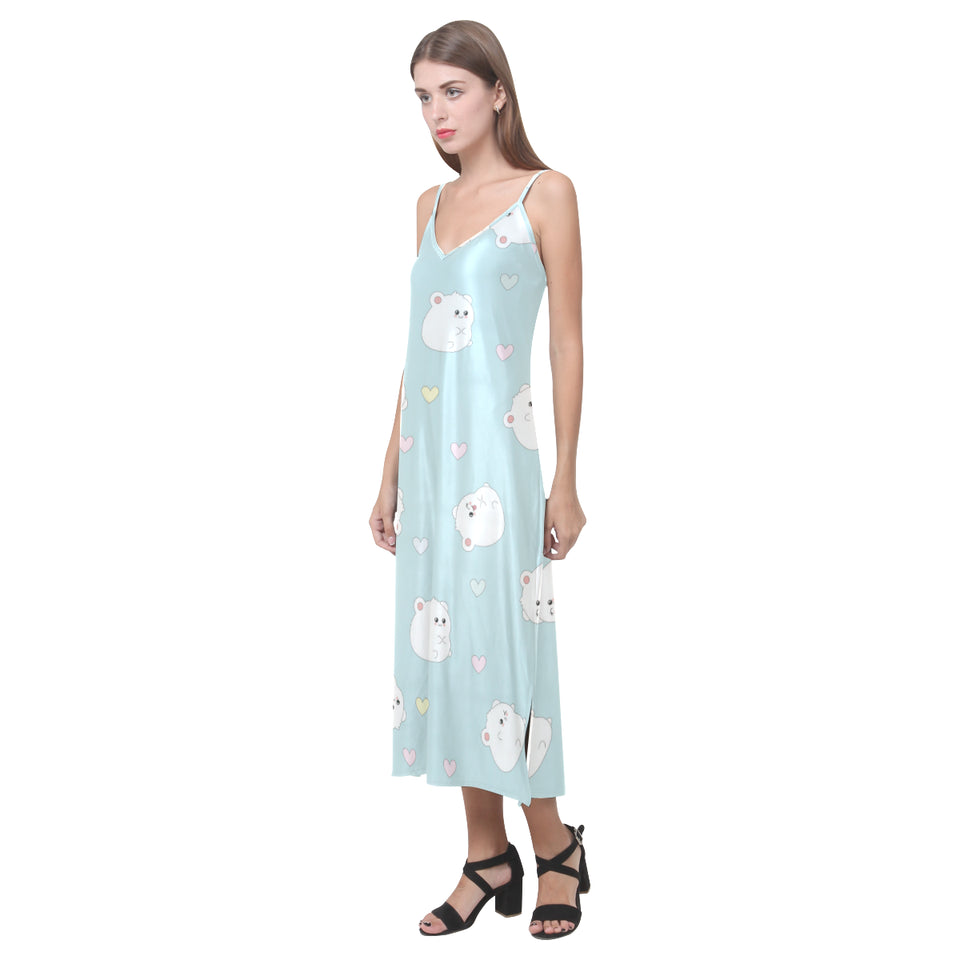 White cute hamsters heart pattern V-Neck Open Fork Long Dress