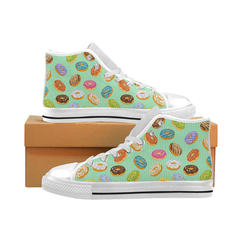 Colorful donut pattern green background Men's High Top Canvas Shoes White