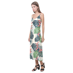 heliconia flowers, palm and monstera leaves V-Neck Open Fork Long Dress