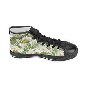 White orchid flower tropical leaves pattern Women's High Top Canvas Shoes Black