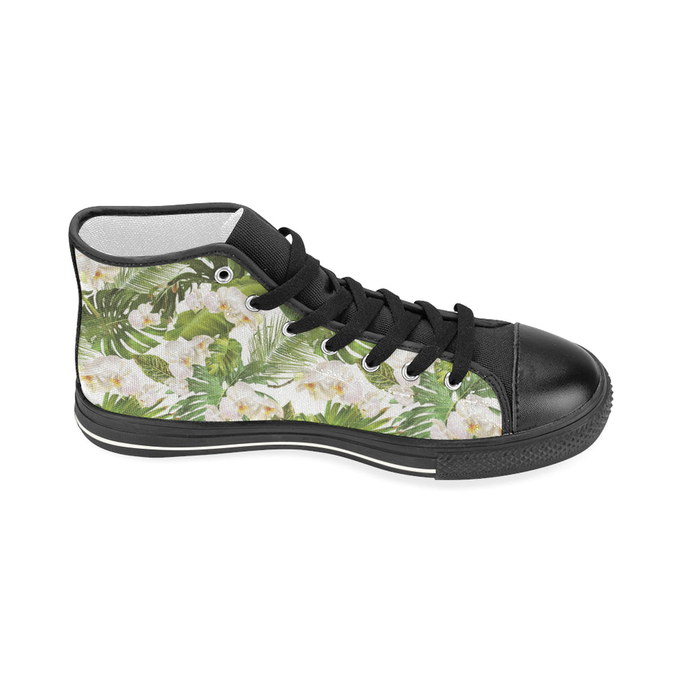 White orchid flower tropical leaves pattern Women's High Top Canvas Shoes Black