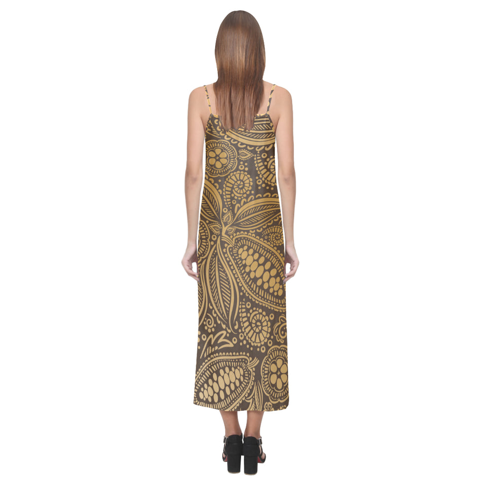 cacao beans tribal polynesian pattern background V-Neck Open Fork Long Dress
