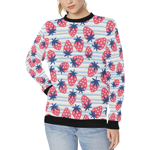 Strawberry pattern blue lines background Women's Crew Neck Sweatshirt