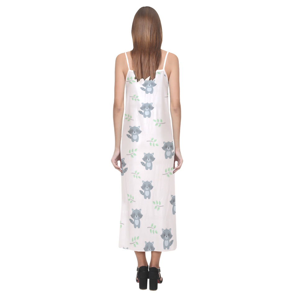 cute raccoons leaves pattern V-Neck Open Fork Long Dress