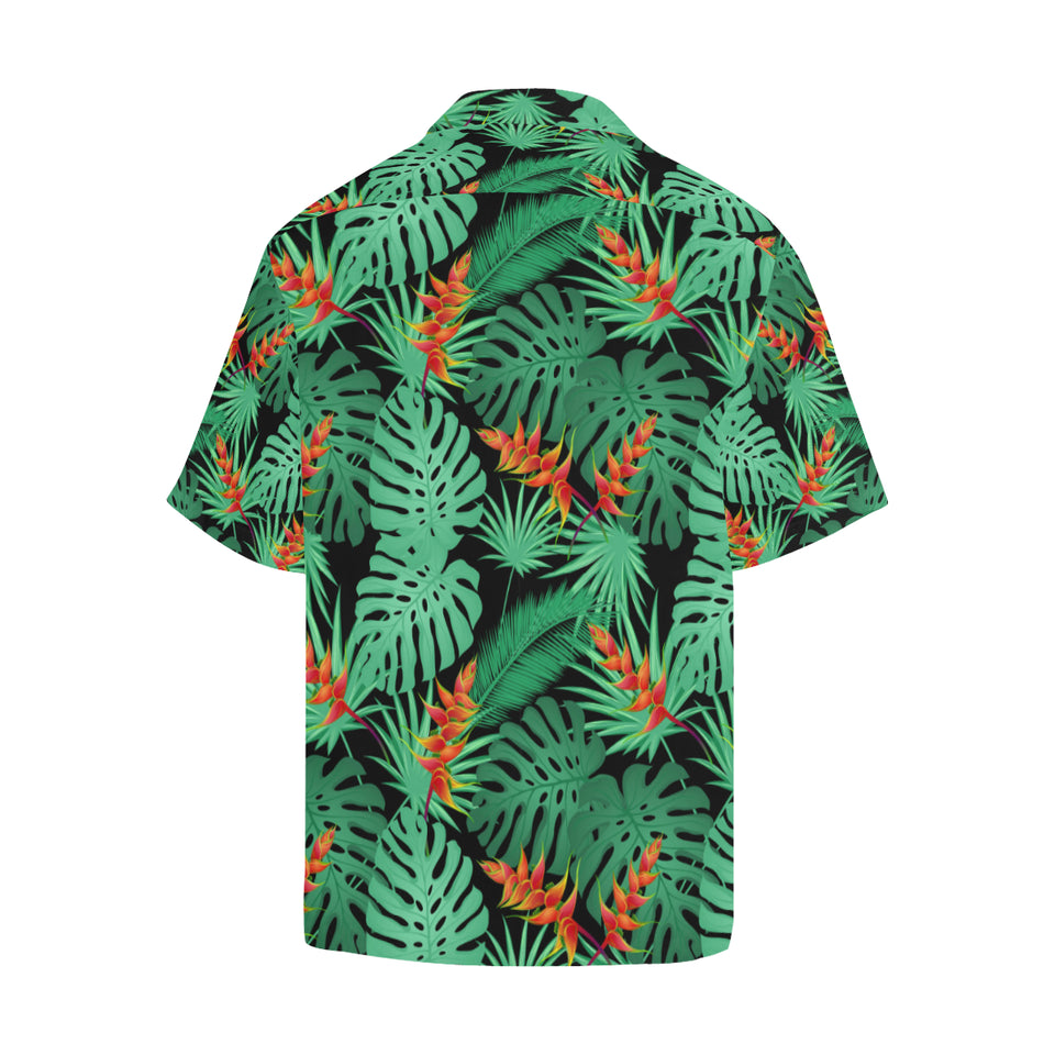 heliconia flower palm monstera leaves black backgr Men's All Over Print Hawaiian Shirt